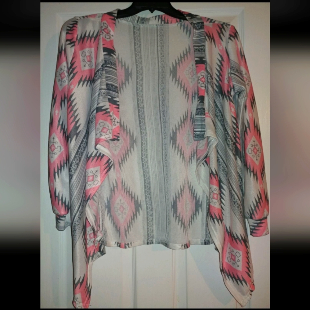Boutique Women's Open Front Waterfall Cardigan XL Pink Gray Aztec Southwestern